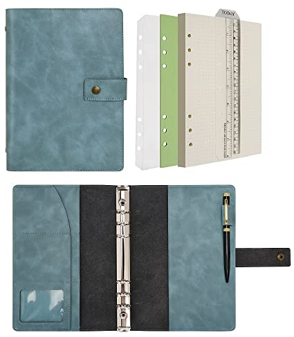 Wonderpool Leder Nachfüllbares Notizbuch Ringbuch A5 Tagebuch - Gepunktetes Papier & Echtleder Innentaschen für Reisearbeit und Organizer (Himmelblau, A5)