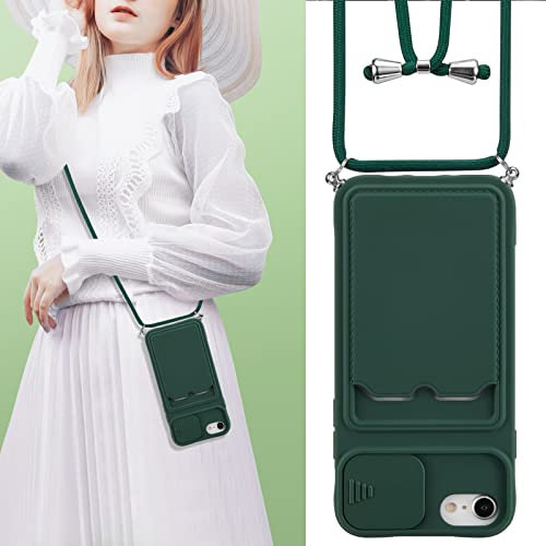 UEEBAI Crossbody Case for for iPhone SE 2022 5G/iPhone 7/iPhone 8/iPhone SE 2020, Silicone Card Slot Phone Cover Necklace Strap Cord Lanyard Shockproof Protective Case for iPhone SE3/SE2 - Dark Green