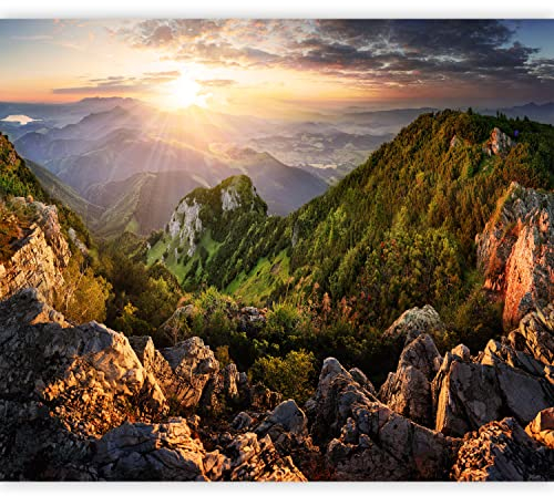 murando Fototapete selbstklebend Landschaft 343x256cm Foto Tapete Tapetenfolie Möbelfolie Wandverkleidung Wandtapete Motivtapeten Bildtapete Wohnzimmer 3d Effekt Modern Berge Natur Sonnenuntergang