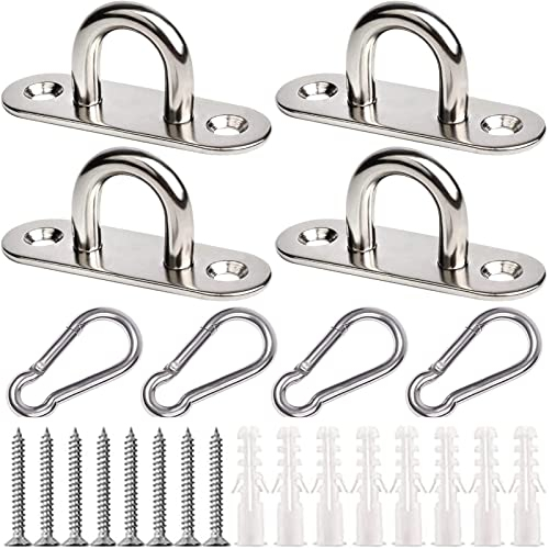 EGGMARCH 4 Set M6 Pad Eye Plate and Carabiner Clips, Stainless Steel Oblong Eye Plate Metal Staple Ring Hook Suspension Ceiling Hooks with Screws and Plastic Plugs for Training Straps,Shade Sails