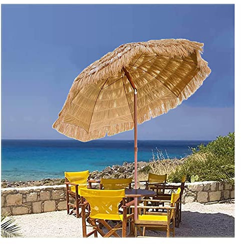 XPGEREP Inclinable Sombrilla de Playa, Sombrilla Hawaiana, Portátil Sombrilla De Patio De Paja para Playa Piscina, Color Natural/Diameter 2.4m / Height 2.2m