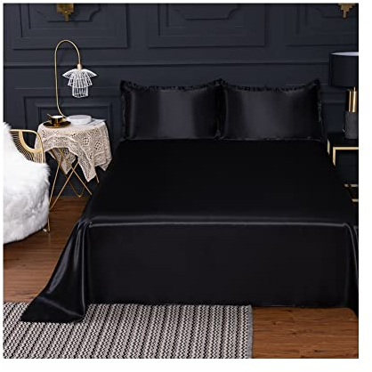 Satin Bettlaken ohne Gummizug Betttuch 120X230cm 180X230cm 230X250cm Laken Flaches Blatt Glänzend weiche und Glatte Bettlaken schwarz blau rot braun lila (Color : Black, Size : 230X250cm)