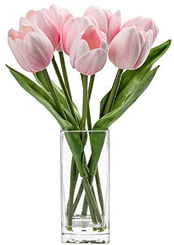 8PCS Artificial Tulips with Glass Vase Realistic Fake Flowers, Real Touch Pink Faux Flowers in Vase for Home, Living Room, Wedding, Centerpiece, Office, Party Decorations