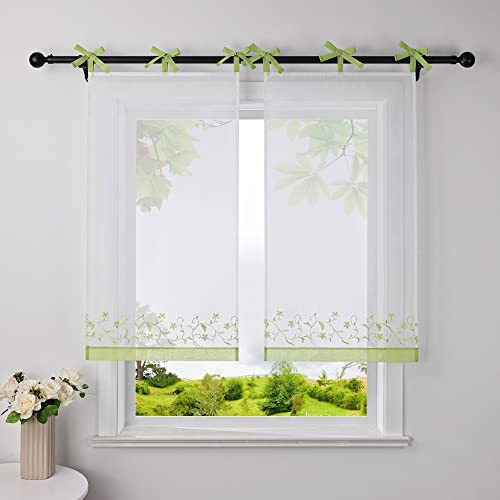 HeichkelL Bestickte Scheibengardine Blumen Muster Voile Bistrogardine Transparente Kurzstores mit farblichen Schlaufen Grün BxH 60x90 cm 1 Stück