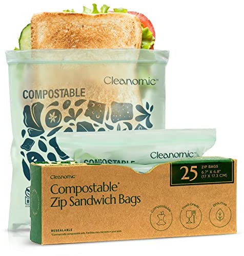 Cleanomic Compostable Sandwich Size Food Storage Bags (25 Eco Zip) Freezer and Leak Proof, Also Available Gallon, Quart and Snack Size Bags