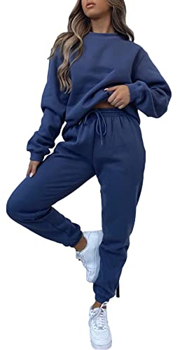 amropi Tuta da Donna Vello Foderato Pullover Felpa e Pantaloni Jogging Tute Blu,L