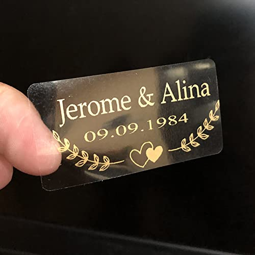 100PCS Personalisierte Hochzeit Favor Stick Gold Farbe Hochzeit Blase Etiketten Benutzerdefinierte Transparente Aufkleber, Personalisierte Hochzeit Aufkleber (2.7CM X 5CM)