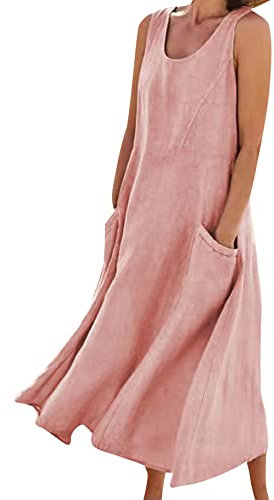 YMING Vestito Tunica Donna Casual Plus Size Cotone Lino Camicia Maxi Abiti Allentati Senza Maniche Abito Vintage Rosa M