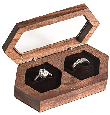 Wislist Double Ring Box for Wedding Ceremony,Walnut Wooden Rustic Ring case for Wedding and Engagement