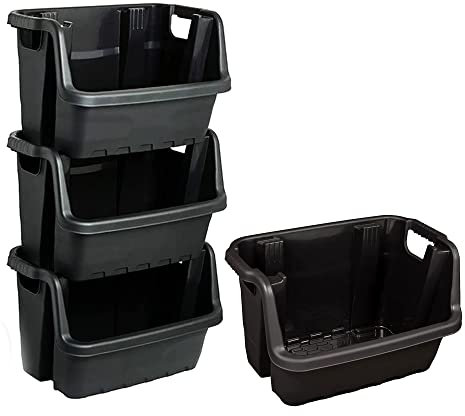 STAR SUPPLIES Stackable Heavy Duty Large Open Fronted Storage Boxes For Home Office Garage Kitchen Warehouses Black Plastic Crates (Set Of 3)