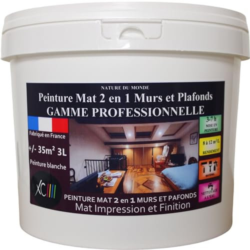 Nature du Monde PEINTURE BLANCHE MATE 2 en 1 Impression Finition -murs et plafonds, séjour, chambre et salon. GAMME PROFESSIONNELLE fabriquée par un Maître artisan