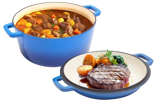 Alathote 2 in 1 Enameled Cast Iron Dutch Oven,Pot 6QT Lid 2 QT- Big Dual Handles - Classic Round Cast Iron Pot for Versatile Cooking -Oven Safe up to 500° F Blue