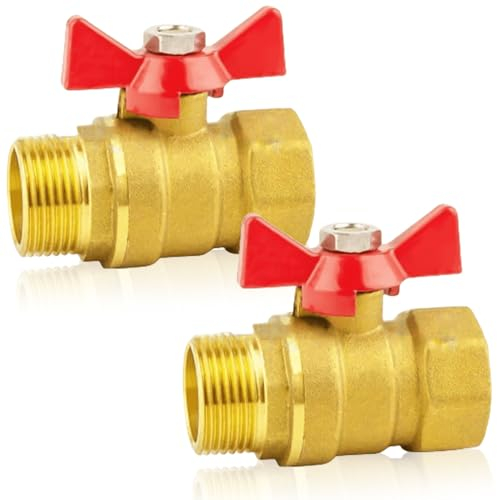 Delamiya 2 Stück Messing Kugelhahn 3/4 Zoll mit Flügelgriff, Messing Kugelhahn mit Rotem Flügelgriff 3/4 IG/AG Aussengewinde/Innengewinde voller Durchgang DN20 PN16 für Wasserleitungen/Wasserhahn