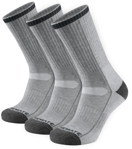 CLOSEMATE Mens Cushioned Walking Hiking Socks for Men Sports Anti Blister Sweat Wicking Boot Outdoor Work Running Merino Wool 3 Pairs (3 Grey,Size M)