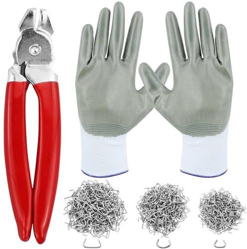 DNDGDLUA 360 anillos Hog Ring Pliers Kit, 360pcs 1/2'' 3/4'' 3/8'' acero Hog Rings con pinzas angulares y guantes anti-corte para muebles tapizados, vallas, bricolaje, muebles, etc.