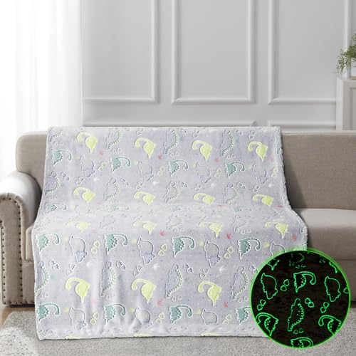 BAOJULONG Dinosaurier Decke Leuchtend Im Dunkeln, Behagliche und Weiche Decke für Bett Sofa und Couch, Dino Decke Kuscheldecke für Kinder und Erwachsene (29.5 x 39.3(75 x 100 cm))