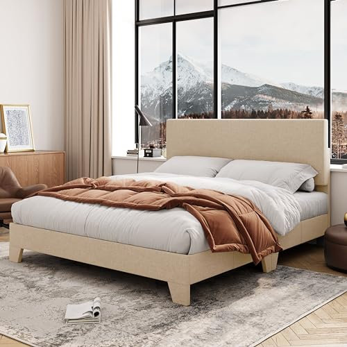 Allewie Queen-Size-Bettgestell mit verstellbarem Kopfteil, gepolstertes Plattformbett mit Holzlatten, robustes Matratzenfundament, kein Boxspringbett erforderlich, geräuschfrei, einfache Montage,