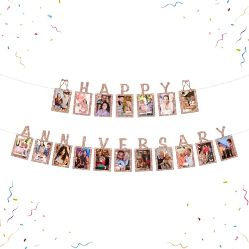WeBenison Happy Anniversary Photo Banner Wedding Anniversary Party Decorations Paper Photo Frame Cheers to Anniversary Party Picture Banner Rose Gold Glitter