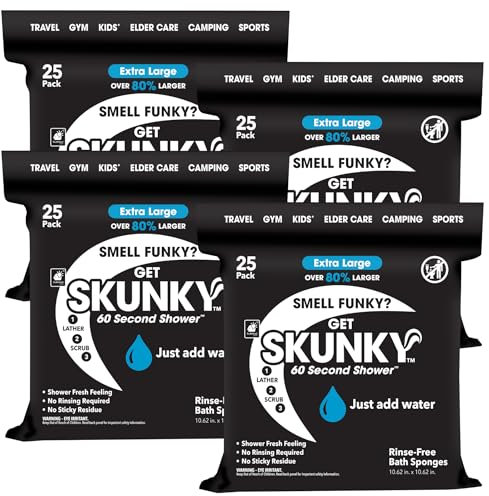 Skunky XL 82% Larger Disposable Rinse-Free Bathing Sponge Wipes, AS-SEEN-ON-TV, Cleans Without a Shower, Just Add Water, Lather, Scrub & Dry with No Sticky Residue, Gym, Elder Care, Kids & More,4 Pack
