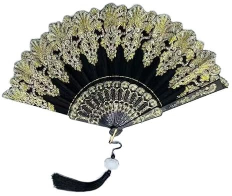 Generic Black Chinese Dance Fan, Hand Held Folding Fan, 42*23cm (16.54*9.06in), Hand-painted Cat Patterns, Tassel Pendant, Wedding Gift, Home Decor