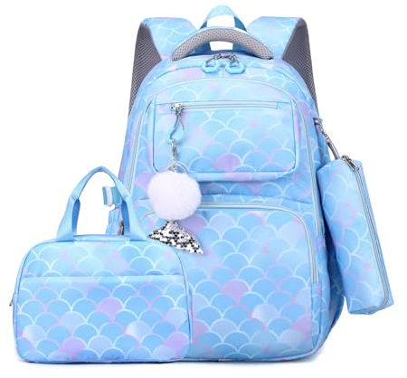 FANDARE Sac à Dos Enfant 3-en-1 Ensemble de Cartables Sacs à Dos Loisir Cartable Filles avec Panier Repas & Trousse Sac À Dos Voyage Sacs d'école Sac Weekend Cartables Scolaires Bleu