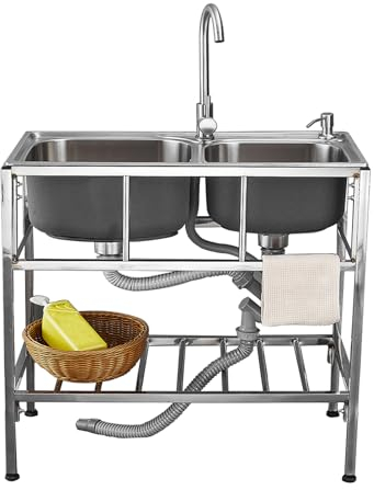 Spülbecken Edelstahl Freistehender Gewerbliche Doppelbecken Spültisch mit 360° Wasserhahn und Ständer, Utensilienspüle Mobile Outdoor Spüle für Restaurant Camping Garage