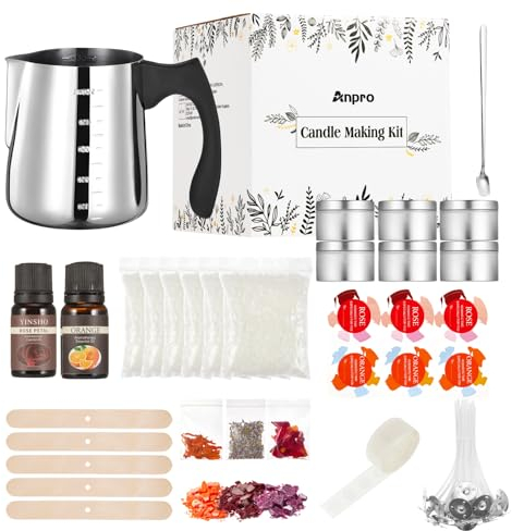 Anpro Kerzenherstellung Kit inklusive Sojawachs, Dochten, Schmelztiegel, Dosen, 3 Farbstoffe & 3 Arten von getrockneten Blumen, 2 ätherischen Ölen