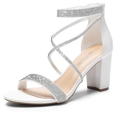 DREAM PAIRS Women's Heels Chunk Low Heel Pump Sandals Ankle Strappy Dress Heeled Sandals for Wedding Evening,Size 7,White-Pu,SDHS2499W