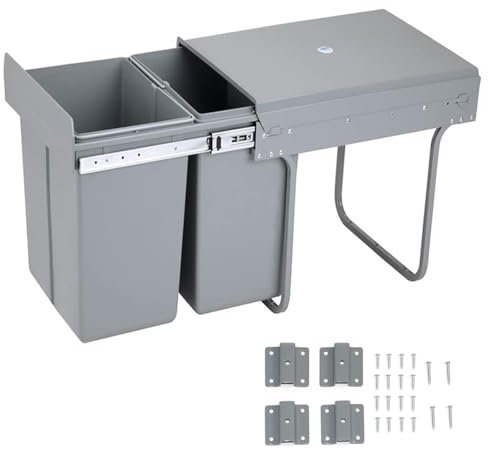 jxgzyy Pull Out Kitchen Waste Bin Under Cabinet 20L+20L Double Sliding Trash Can with Lid and Handle Large Capacity Recycling Trash Container Bin Gray for Home Kitchen