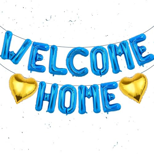 Blue Welcome Home Decorations Balloons- Welcome Home Letter Balloon Banner and Heart Foil Balloon, Welcome Back Theme Party Supplies for Return Home Housewarming Family Reunion Retirement