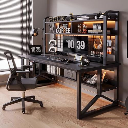 CUCKQUIC Gaming Desk, 2-Tier Home Multipurpose Desktop Bookshelf, Large PC Table Computer Desk with Shelves,Multifunctional Workbench,Study Writing Workstation A,100x50x150cm
