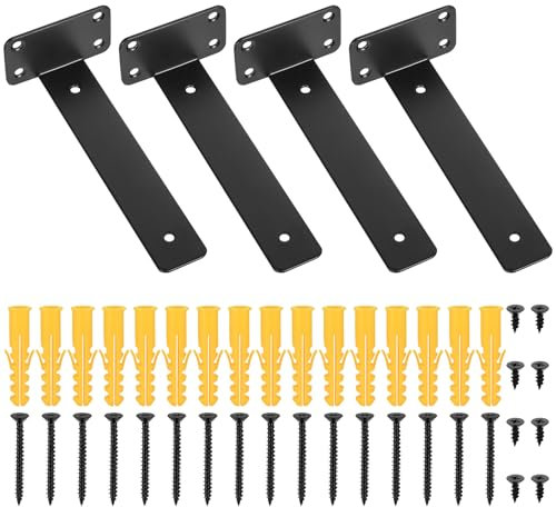 4 Pcs Équerre Étagère de Fixation, 200mm Equerre Etagere Murale, Support Etagere Murale, Supports d'étagère en Bois, Equerre de Fixation Murale, Etagere Murale Fixation Invisible Flottants, Noire