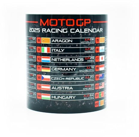 Moto Grand Prix 2025 Saison Kalender Tasse - Red Edition - Race Circuits - Rennmotorräder - Quartararo - Marquez - Bagnaia - Geschenkideen - Kaffeetasse - GP - Memorablia - Meisterschaft - Wochenende