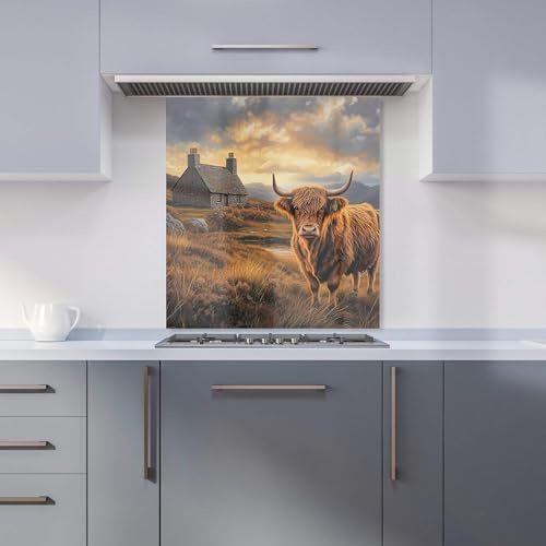 Premium Highland Cow And A Cottage Kitchen Splashback 6mm Toughened Glass Kitchen Splashback – Heat Resistant Splashback for Kitchens, Perfect for Cookers and Hobs, Polished Edges