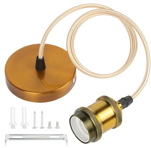 AUAUY E27 Suspension Vintage en Métal, Porte Lampe Suspension E27 avec Câble Lampe Réglable de 90 cm, Fixation Plafonnier Accessoire pour Plafond de Cuisine Salle à Manger, Doré