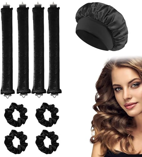 4 Pcs Heatless Curling Rods with 4pcs Headband + 1pcs Shower Cap Heatless Blowout Rods Jumbo Flexi Rods for Long Hair No Heat Curler Roller DlY Curling Rod for all Curls Hair Types