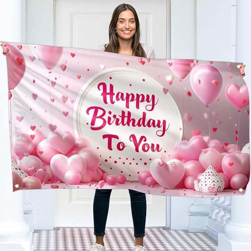 Happy Birthday Banner – Geburtstagsdekorationen – Geburtstag Hintergrund – Bday Banner Hintergrund 5FT x 3FT / 150x90cm mit 4 Messinglöchern (Rosa Ballons)