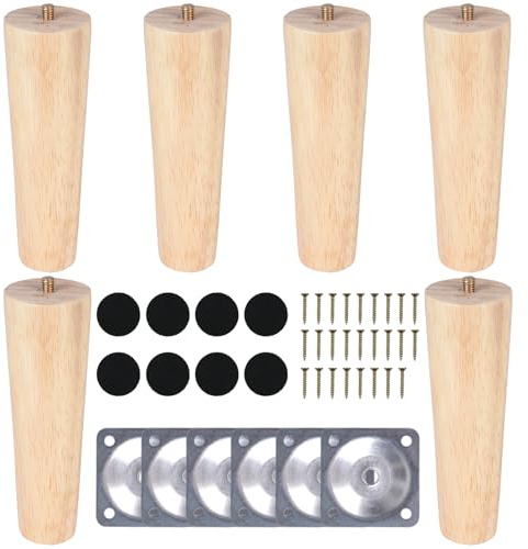 COEWUR 6 Pièces Pied de Meuble Bois Massif 15cm Pieds de Lit avec Plaque de Montage Vis Patins en Feutre Ronde Pieds pour Canapé Armoire Lit Meuble TV Commode Fauteuil