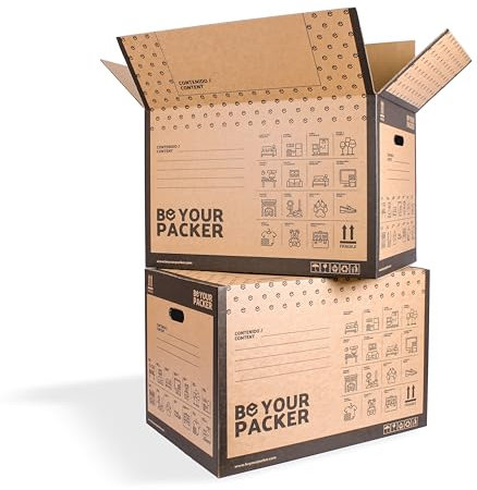 Be Your Packer | Cajas de Mudanza Grandes 60x40x40 cm | Cajas de Embalaje con Asas | Mudanza y Almacenaje de Libros, Ropa, Platos, Vasos... | Fabricadas con Cartón Resistente en España | Pack de 50