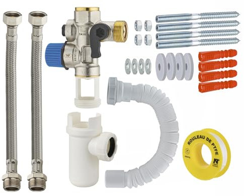 Groupe de sécurité droit norme NF 20x27 (3/4) siège inox anti corrosion + siphon + flexibles d'alimentation + flexible évacuation + teflon + fixations murale chauffe eau/cumulus NOYON & THIEBAULT