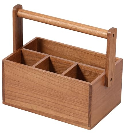 Wooden Cutlery Caddy, 4 Compartments with Carry Handle, 9 × 5.9× 4.5 in | Portable Countertop Organiser for Cutlery, Utensils, Stationery and Crafts, with 4 Sections and a Built-In Carry Handle