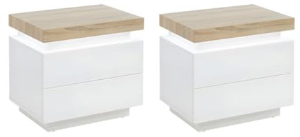 Vente-unique - Lot de 2 Tables de Chevet - 2 tiroirs - MDF Laqué - avec LEDs - Coloris : Blanc et chêne - Halo II