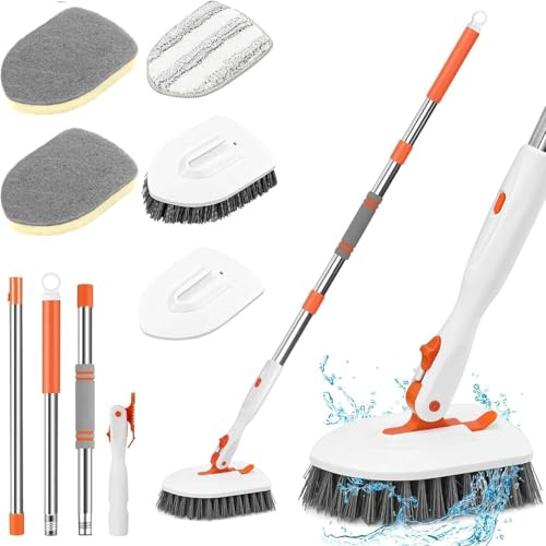 BONAVCY 3-in-1 Tub and Tile Scrubber, Long Handle Shower Scrubbing Brush with Sponge Mop and Microfiber Pad for Bathroom Tile Floor