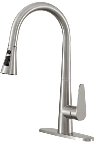 NEWSEE Kitchen Tap, 18 inch Kitchen Mixer Taps with Pull Out Sprayer, 360° Swivel High Arc Spout Kitchen Sink, Triple Function Spray Head Stainless Steel Sink Faucet, Easy Installation(Brushed Chrome)