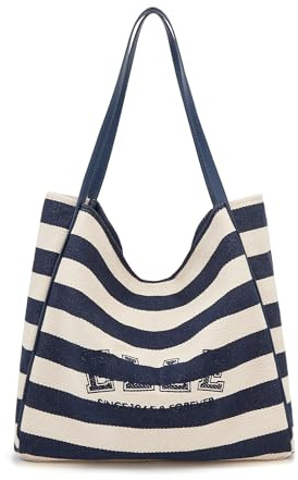 ELLE Blau-weiß gestreifte Tragetasche für Damen, großer Tragegriff oben, Schultertasche für Reisen, Alltag und Freizeit