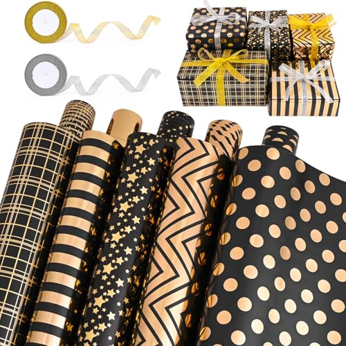 HOMIKLSA Geschenkpapier Schwarz Gold, 5 Rollen – 43 cm x 3 m | 5 verschiedene Designs mit Schleifenband für Geburtstag, Hochzeit und Party