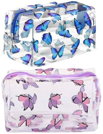 WUYJI Toiletry Bags, 2 pezzi Borse per il trucco trasparenti Borse per cosmetici per aereo con cerniera Set da viaggio Astuccio trasparente impermeabile per viaggi Unisex (blu, viola)