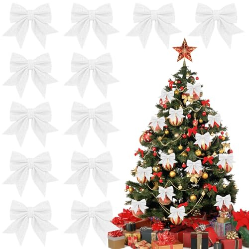 12 Stück Weihnachtsbaum Schleifen Weiß, 12 x 15cm Glitzer Weihnachtsschleifen, Schleifen für Weihnachtsbaum Deko, Weihnachtsbaumschmuck Weiß Bogen für Girlanden, Geschenke, Partys Dekorationen