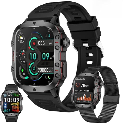 1,96 AMOLED Smartwatch Herren mit Telefonfunktion, 420mAh Batterie, Sportuhr mit Bluetooth Anrufe Fitnessuhr mit Schlafmonitor Schrittzähler, 5ATM Wasserdicht Smart Watch für iOS Android (Schwarz)
