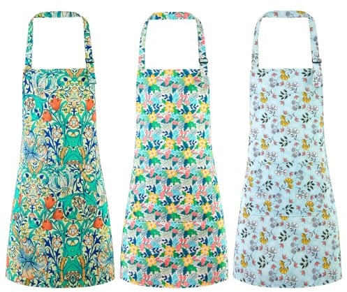 Meng Jiaran 3 Pack Kitchen Aprons for Women Floral Aprons Adjustable | Flower Pattern, Cooking Apron, Baking Apron, Vintage Aprons, Gardening Apron, Ladies Apron